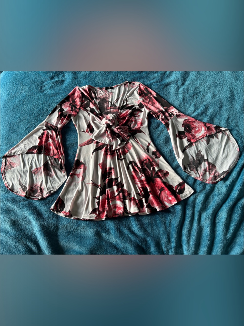 VENUS Pink and Black Floral Twist-Front Bell Sleeve Tunic